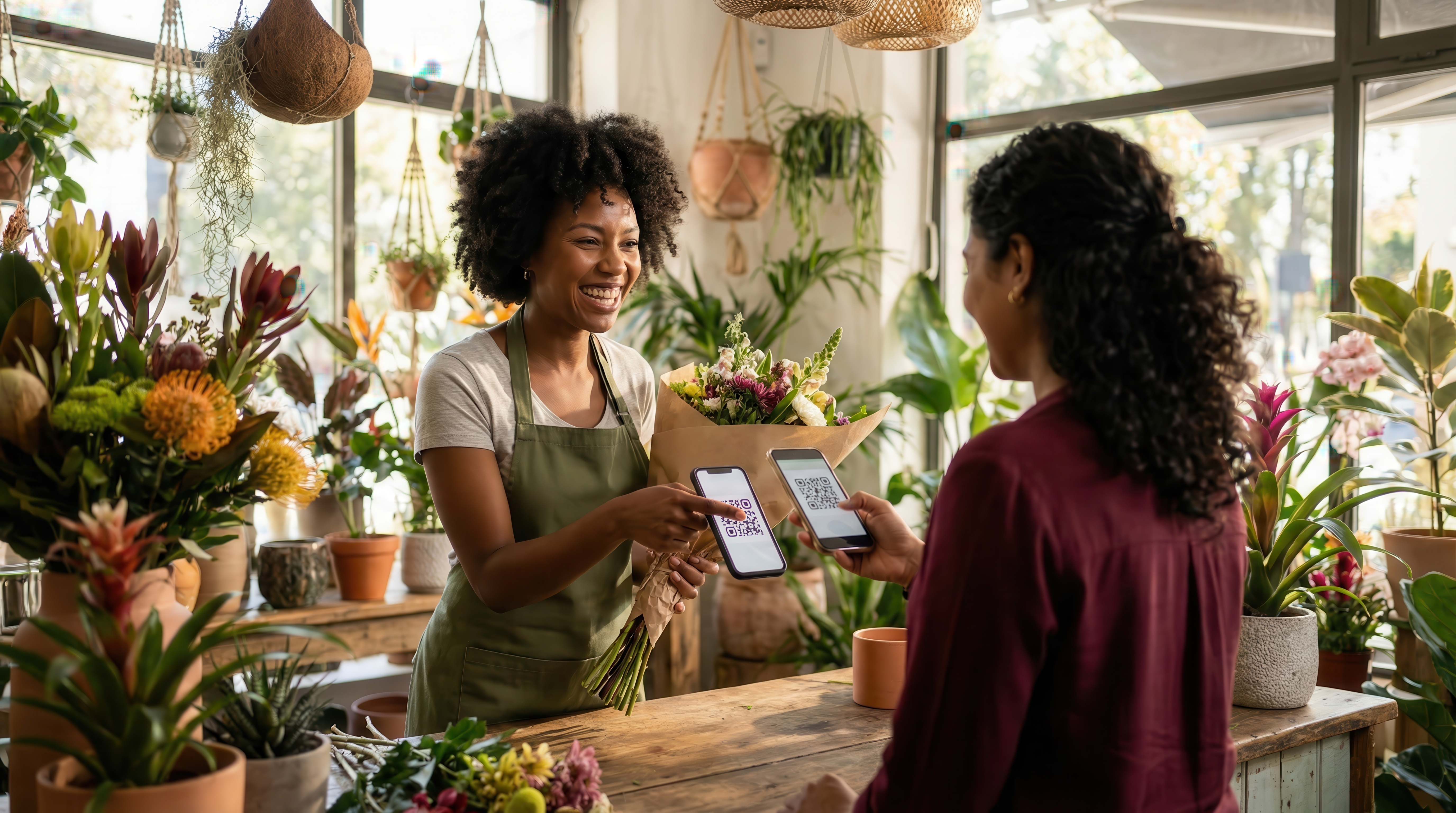 Merchant accepting QR payment at flower shop
